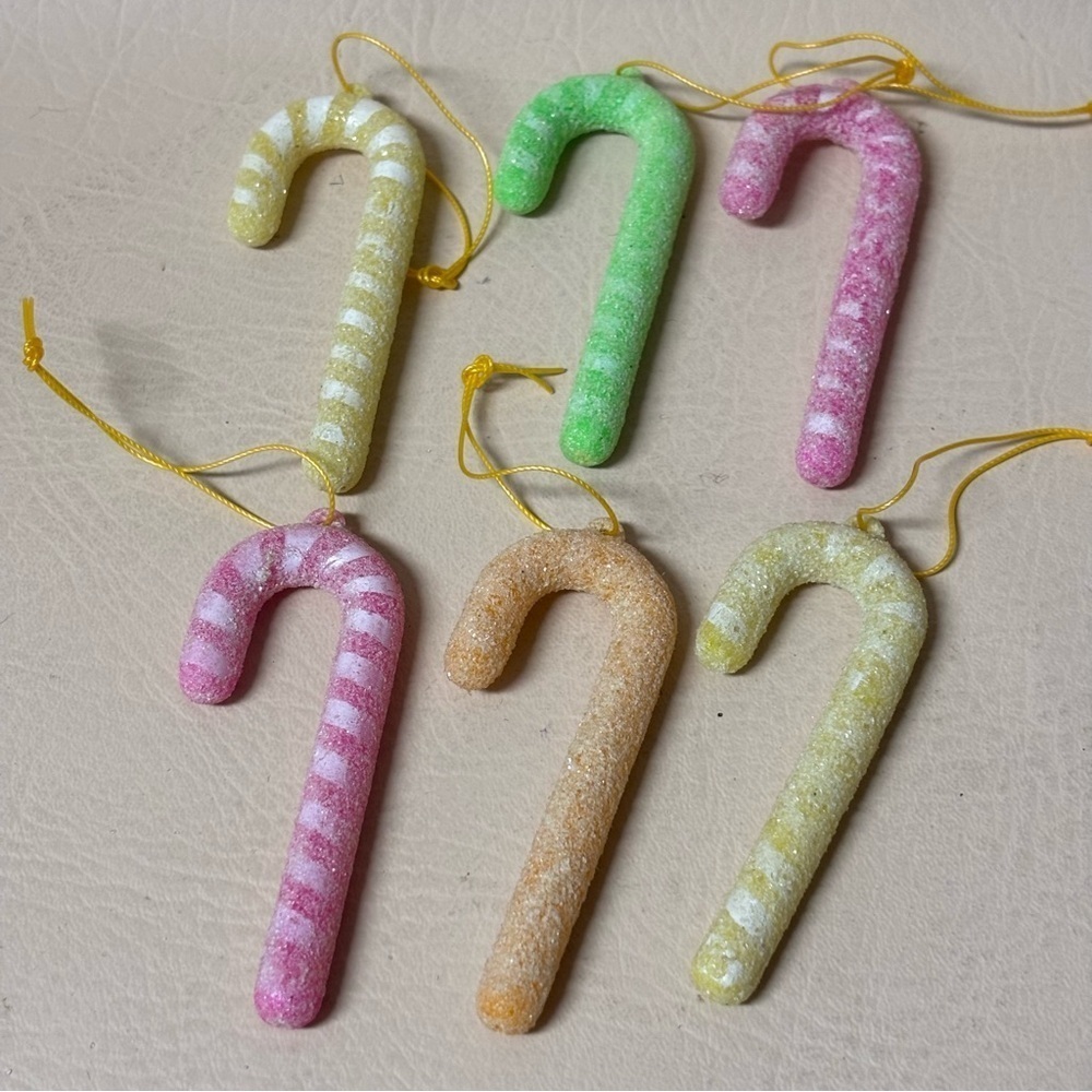 Vintage Sugar Cane Christmas Ornaments Retro Kitsch Set Of 6